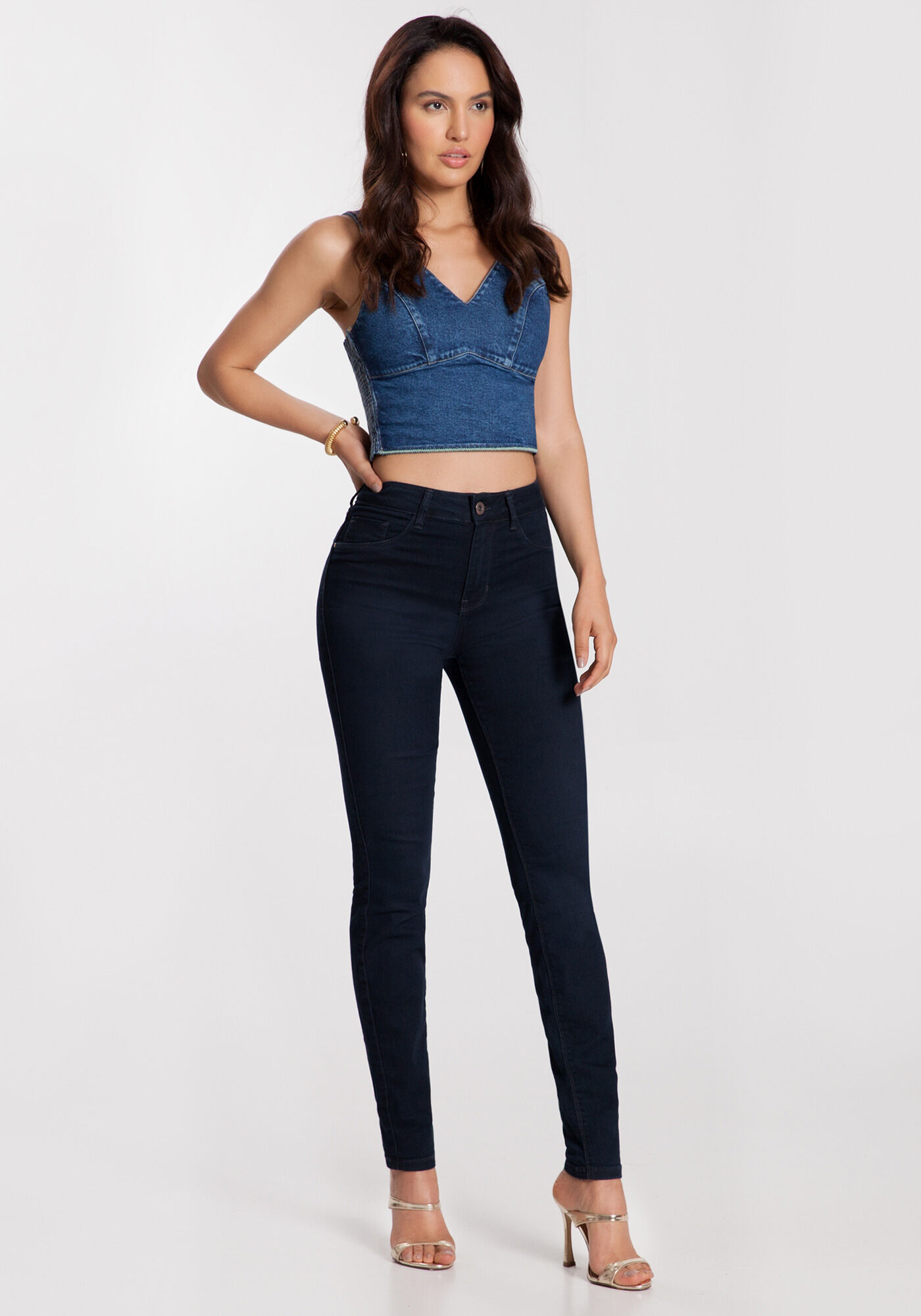 Cal&ccedil;a Skinny Cintura M&eacute;dia Em Jeans Com Elastano Fit For Me, JEANS ESCURO, large.
