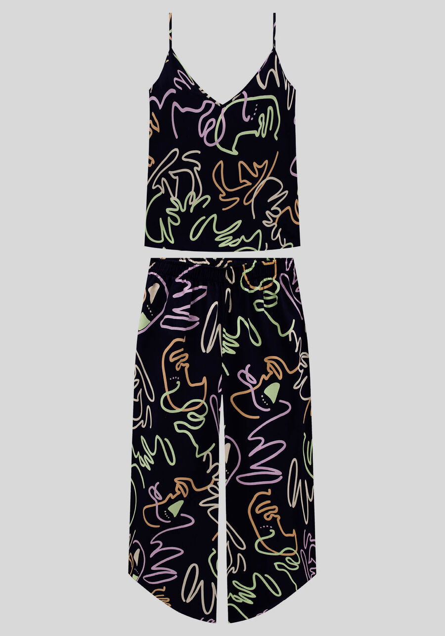Pijama Estampado em Viscose com Blusa e Pantacourt, FACES MARINHO, large.