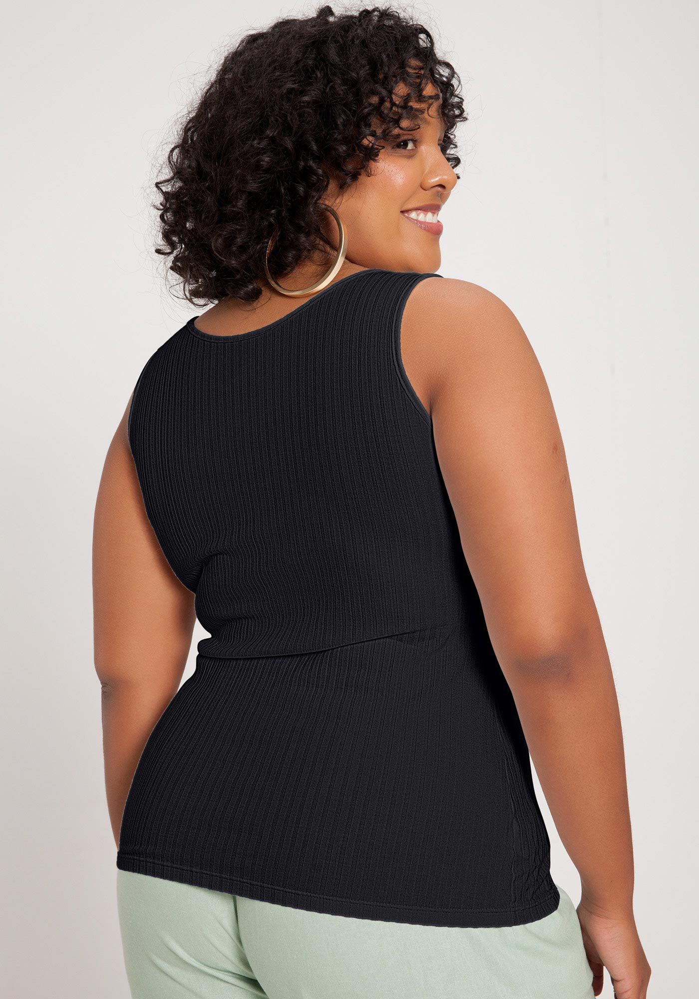 Blusa Regata Lisa Canelada Com Decote Redondo, PRETO REATIVO, large.