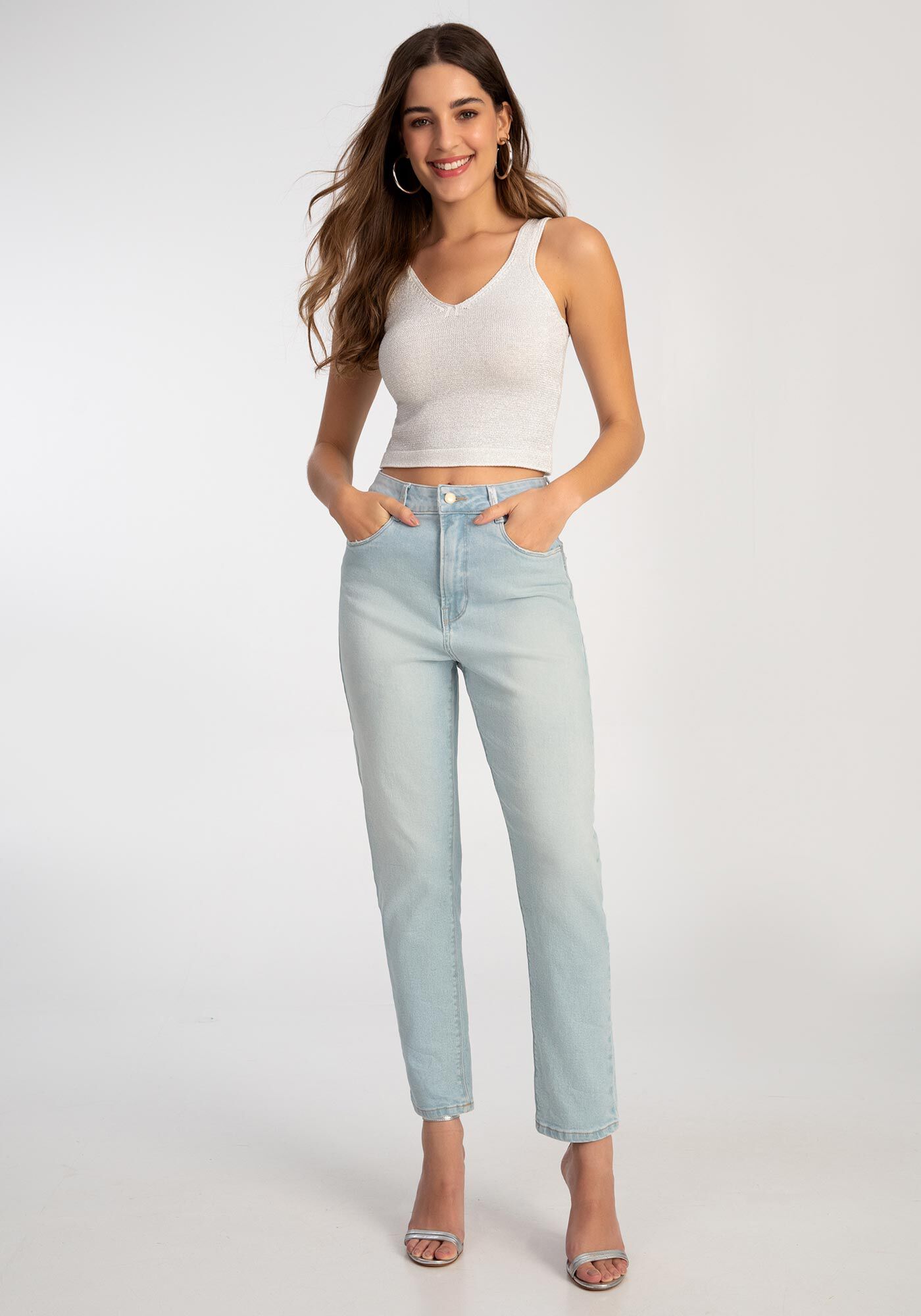 Cal&ccedil;a Jeans Mom Chapa Barriga com Metalizado, JEANS, large.