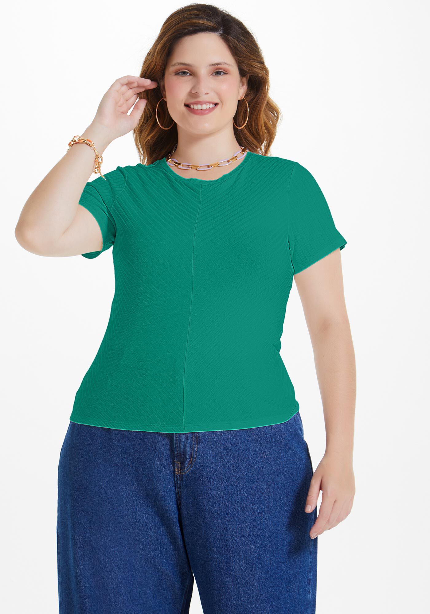 Blusa B&aacute;sica Canelada De Mangas Curtas Com Recorte Frontal, , large.