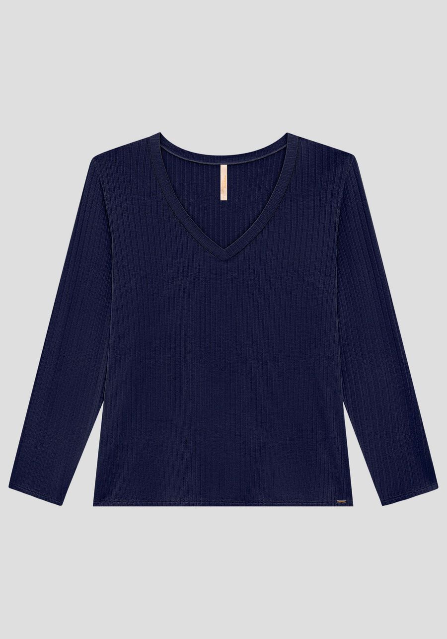 Blusa Canelada Com Mangas Longas E Decote Em V Plus Size, MARINHO ACTION. Blusa Canelada Com Mangas Longas E Decote Em V Plus Size, MARINHO ACTION, large.