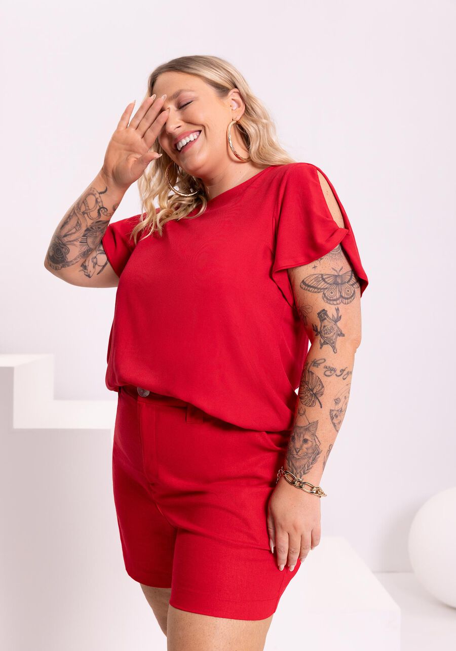 Blusa Em Viscose Com Decote Redondo E Aberturas Nas Mangas, VERMELHO NATTY. Blusa Em Viscose Com Decote Redondo E Aberturas Nas Mangas, VERMELHO NATTY, large.