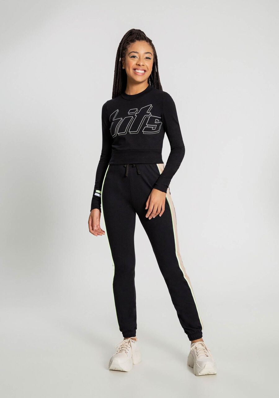 Blusa Manga Longa Cropped Estampa Hits Juvenil, PRETO REATIVO. Blusa Manga Longa Cropped Estampa Hits Juvenil, PRETO REATIVO, large.