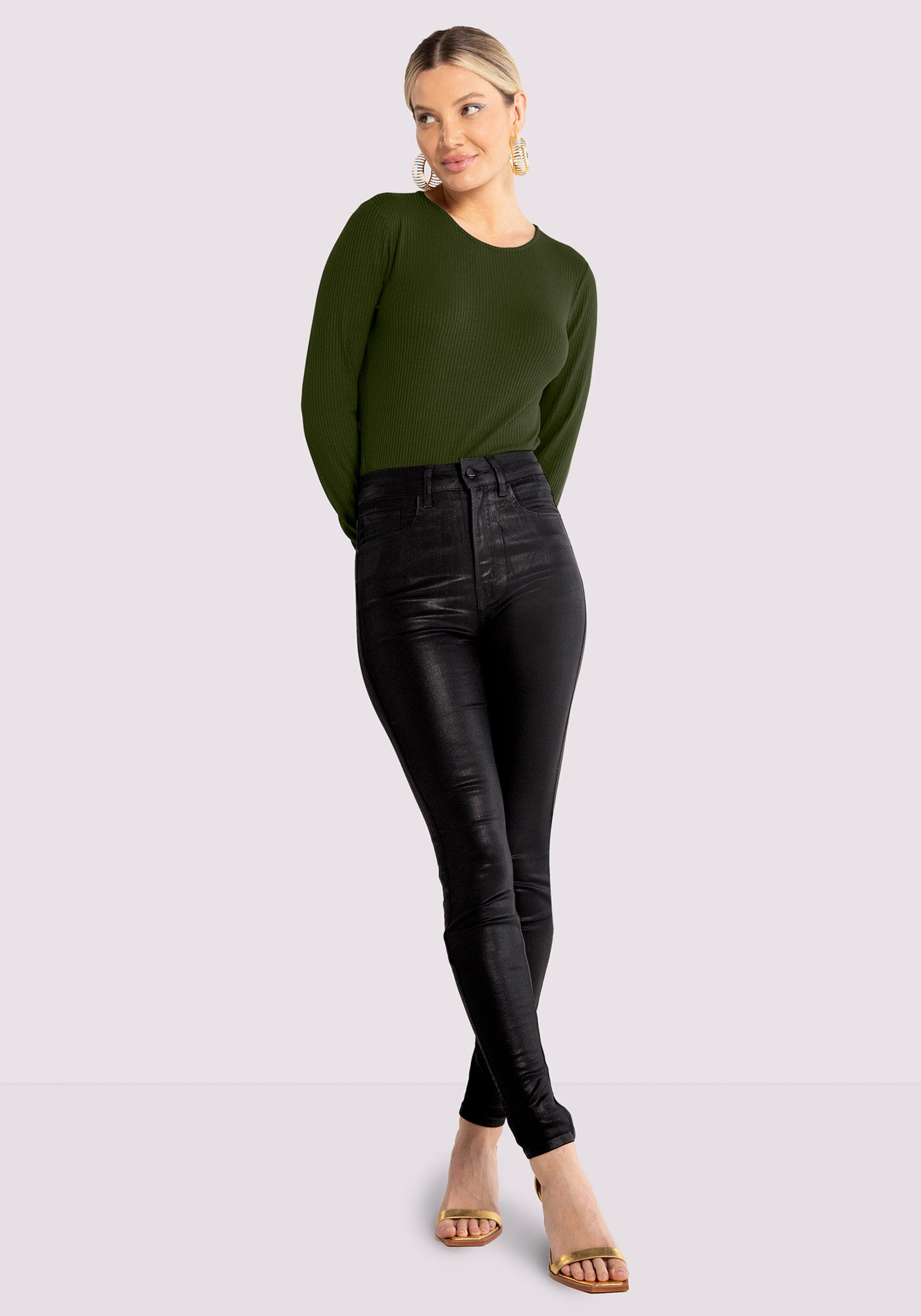 Cal&ccedil;a Jeans Skinny Cintura Alta com Efeito Gloss, PRETO REATIVO, large.