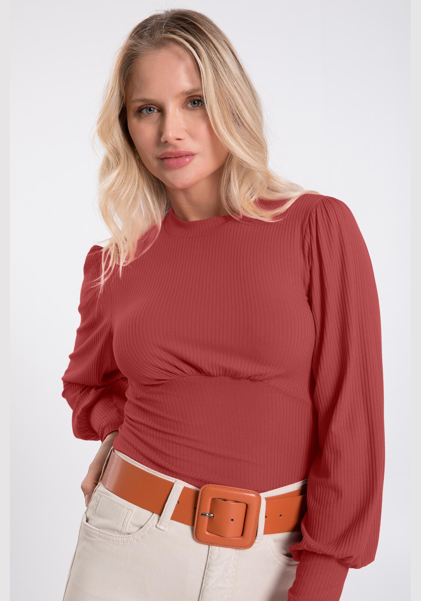 Blusa Manga Bufante Canelada com Franzido, VERMELHO CEDRO-ROSA, large.