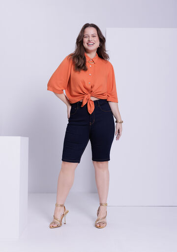 Camisa Plus Size Alongada Com Mangas 3/4 E Botões, LARANJA RUSTY. Camisa Plus Size Alongada Com Mangas 3/4 E Botões, LARANJA RUSTY, large.