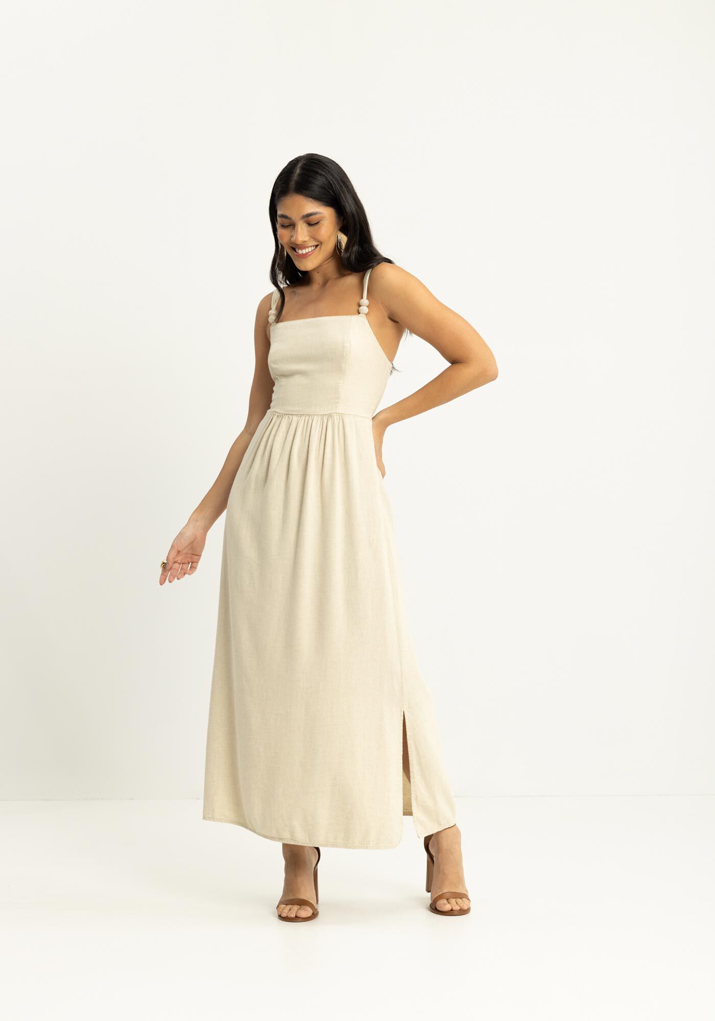 Vestido Longo De Al&ccedil;as Em Linho Com El&aacute;stico Posterior, , large.