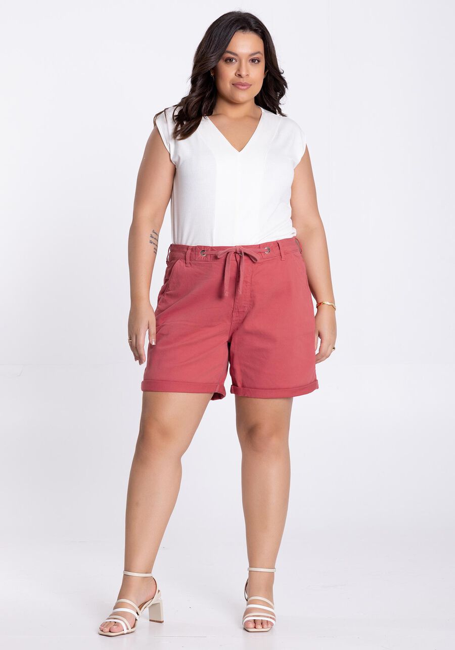 Bermuda Sarja Plus Size Boyfriend com Cadarço, VERMELHO POMME, large.