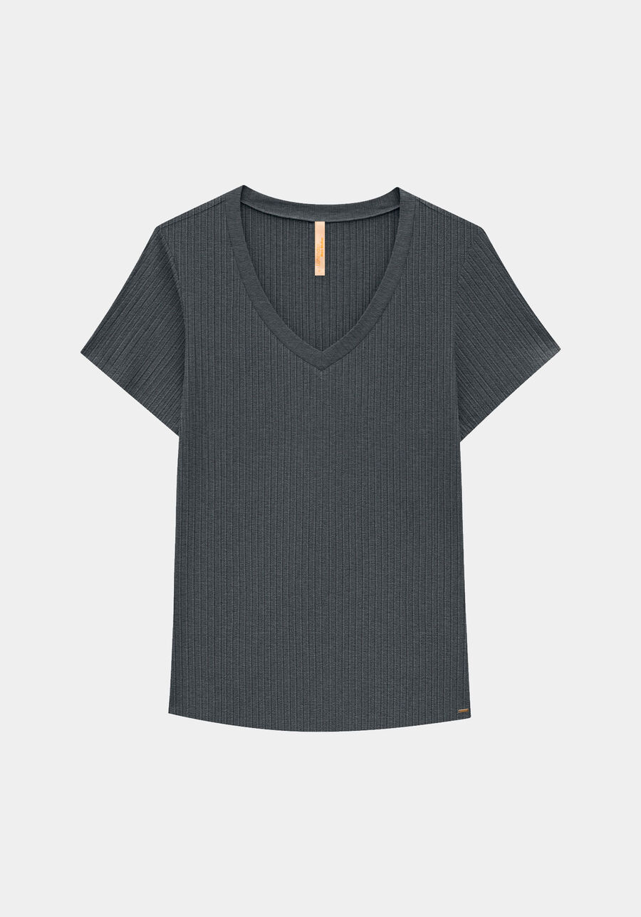 Blusa Básica Em Malha Canelada Com Mangas Curtas E Decote V, . Blusa Básica Em Malha Canelada Com Mangas Curtas E Decote V, , large.