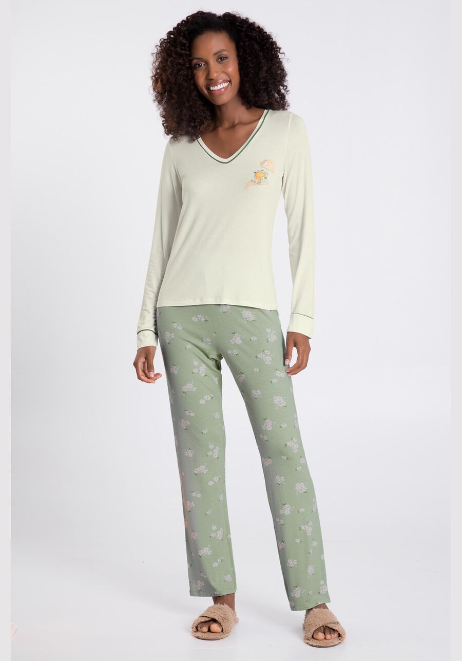 Pijama Longo em Viscose Decote V, FRESCOR VERDE, large.