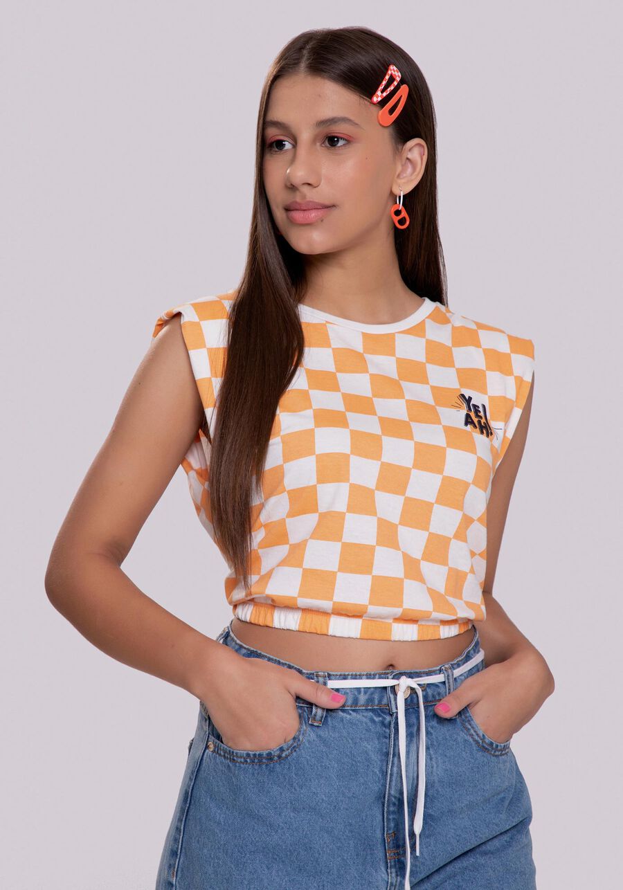 Blusa Muscle Tee Cropped Xadrez Juvenil, LARANJA BOUQUET. Blusa Muscle Tee Cropped Xadrez Juvenil, LARANJA BOUQUET, large.