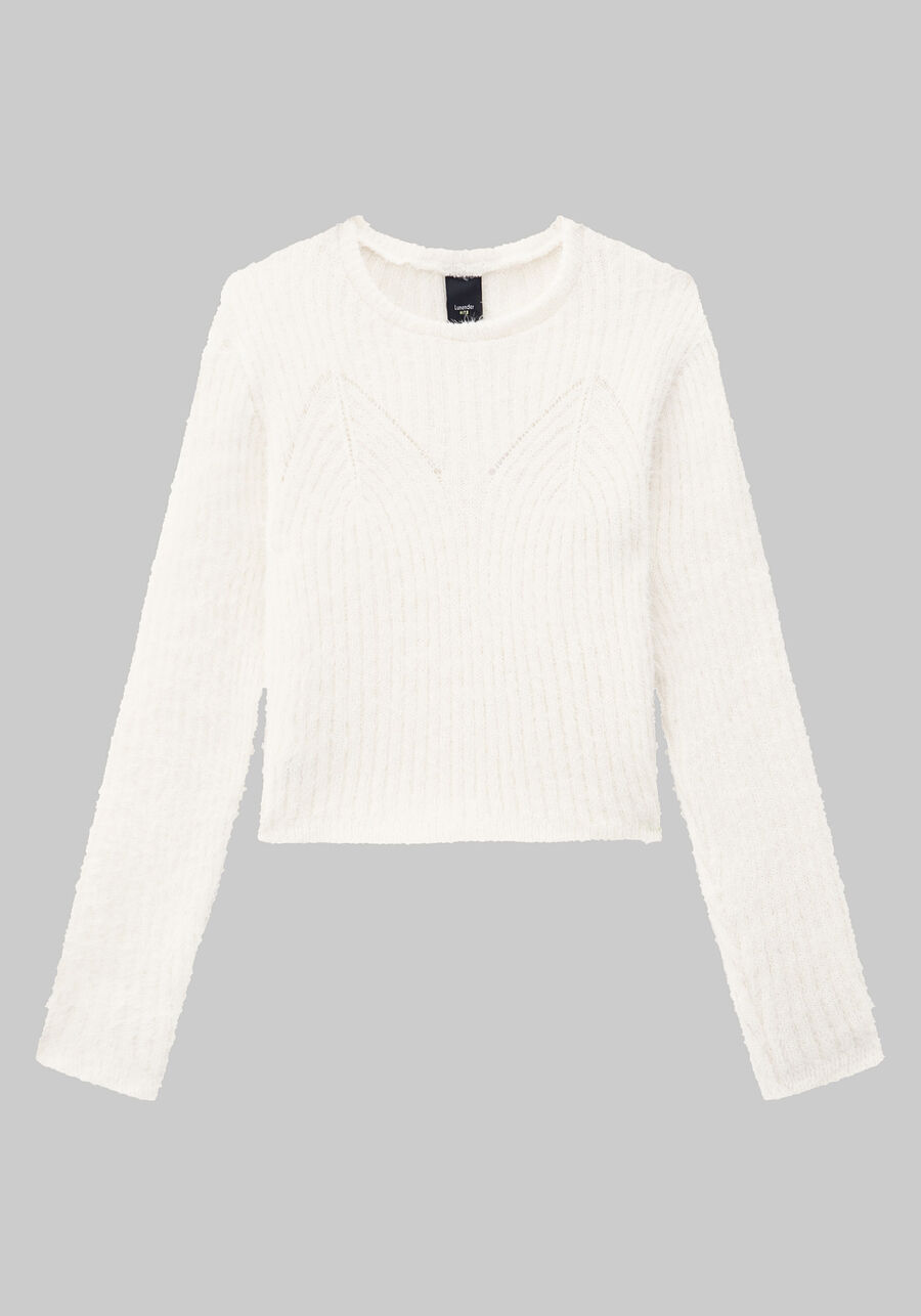 Blusão Juvenil em Tricô Peluciado, BRANCO OFF WHITE. Blusão Juvenil em Tricô Peluciado, BRANCO OFF WHITE, large.