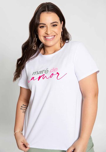 T-shirt Plus Size Meia Malha Maré de Amor, BRANCO, large.