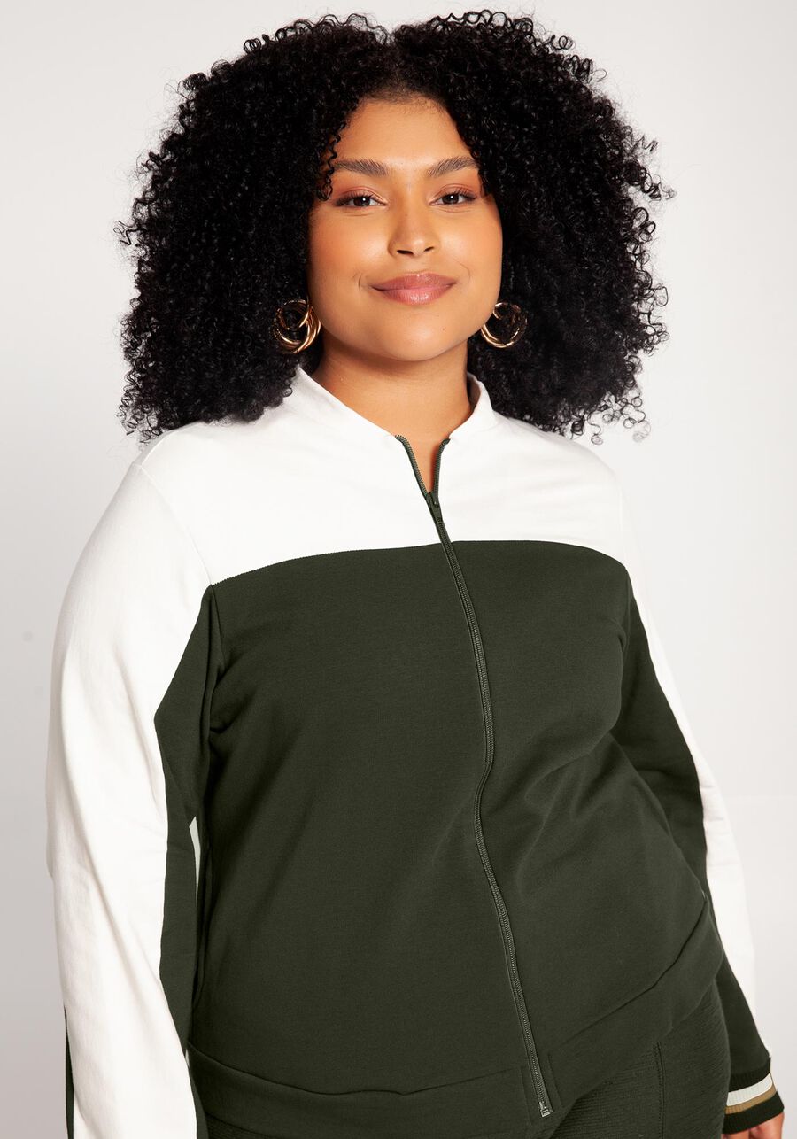 Jaqueta Plus Size em Malha com Bolsos e Retilínea, VERDE ROBUST. Jaqueta Plus Size em Malha com Bolsos e Retilínea, VERDE ROBUST, large.