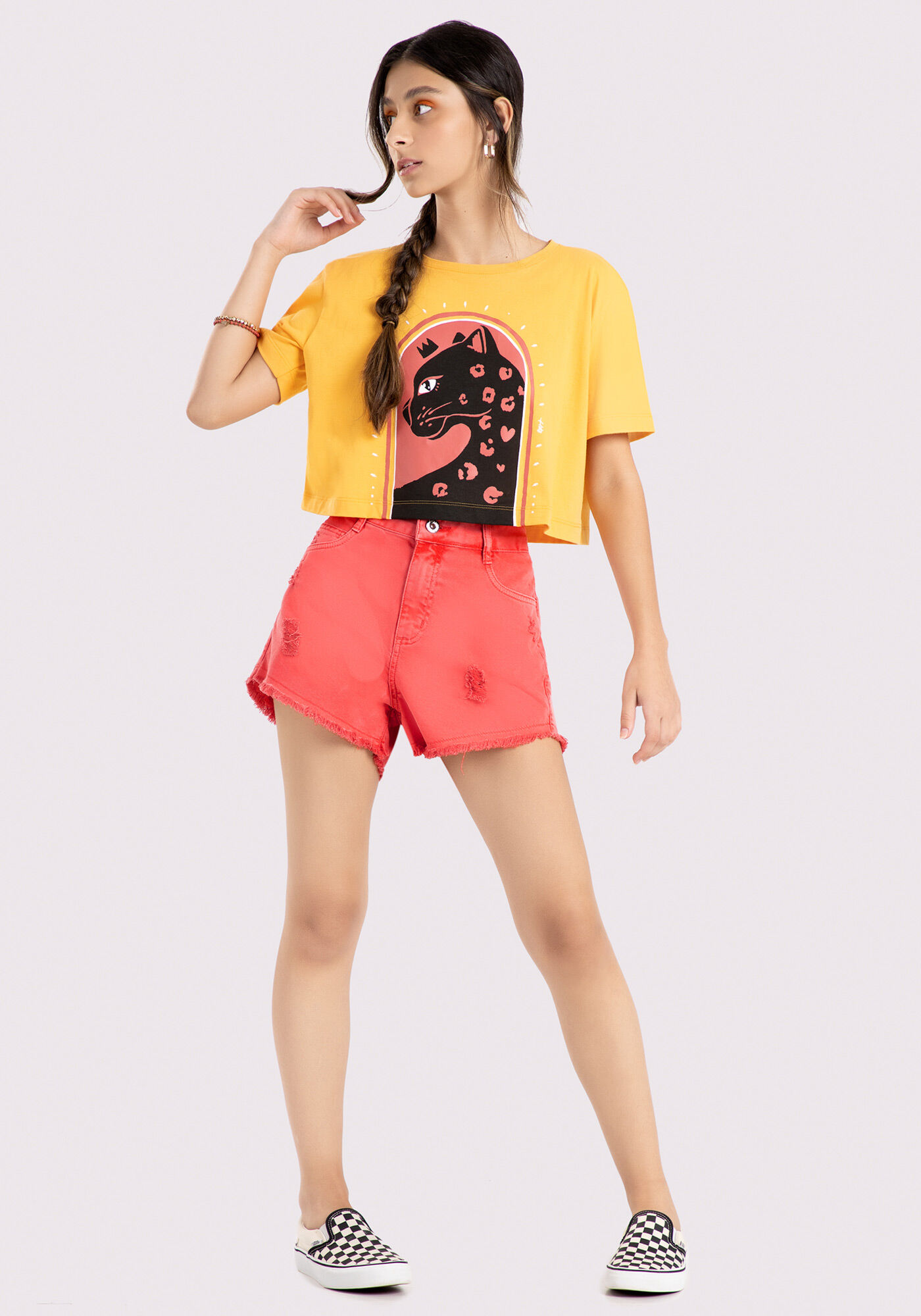 Shorts Sarja Juvenil Cintura M&eacute;dia Estonado, SALMAO BRIGHT CORAL, large.