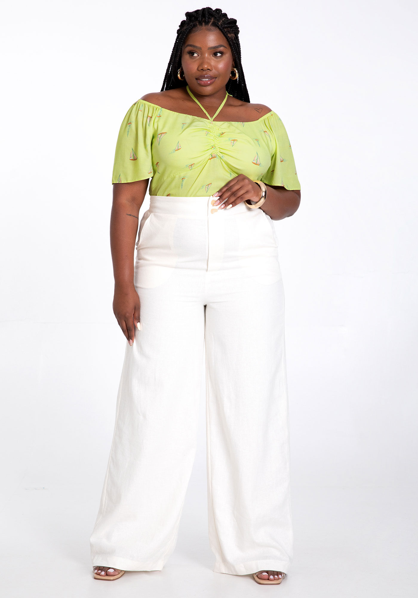 Blusa Plus Size Estampada com Amarra&ccedil;&atilde;o, VELEJAR VERDE, large.