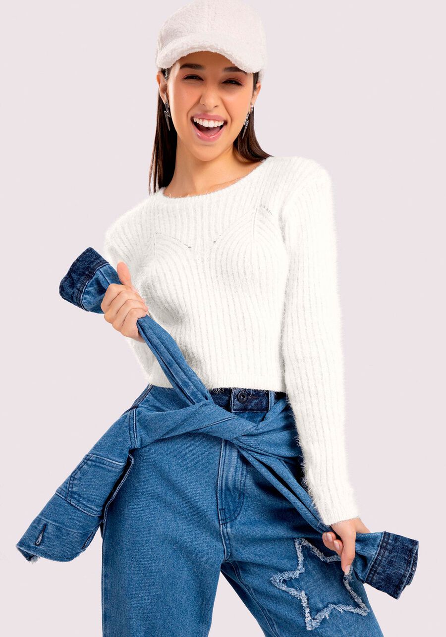 Blusão Juvenil em Tricô Peluciado, BRANCO OFF WHITE. Blusão Juvenil em Tricô Peluciado, BRANCO OFF WHITE, large.