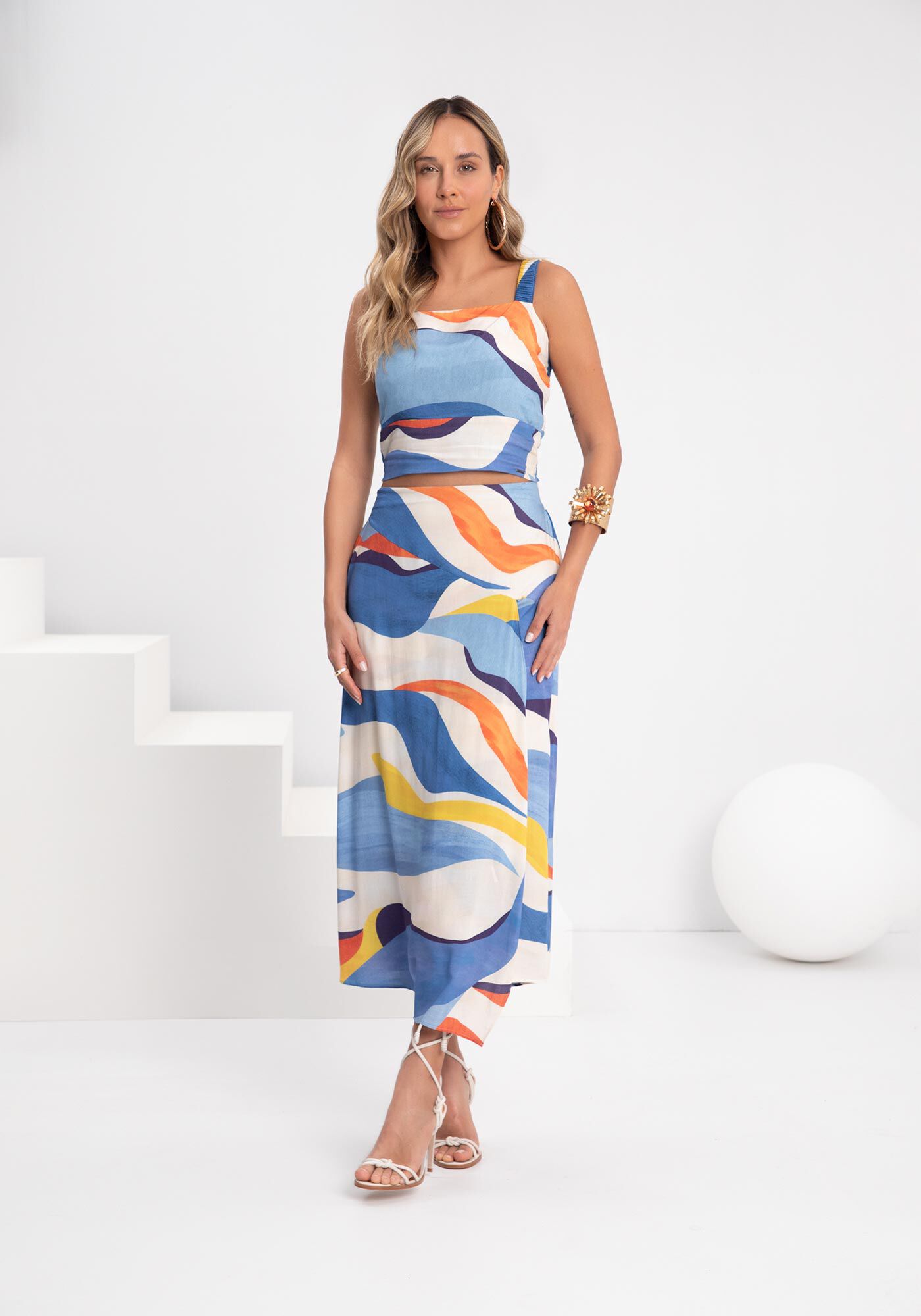 Saia Midi Ch&aacute; Estampada Em Viscose Respons&aacute;vel, , large.