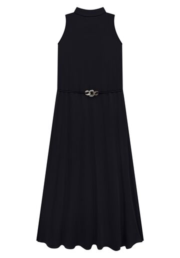 Vestido Midi Gola Alta Evasê com Cinto, PRETO REATIVO. Vestido Midi Gola Alta Evasê com Cinto, PRETO REATIVO, large.