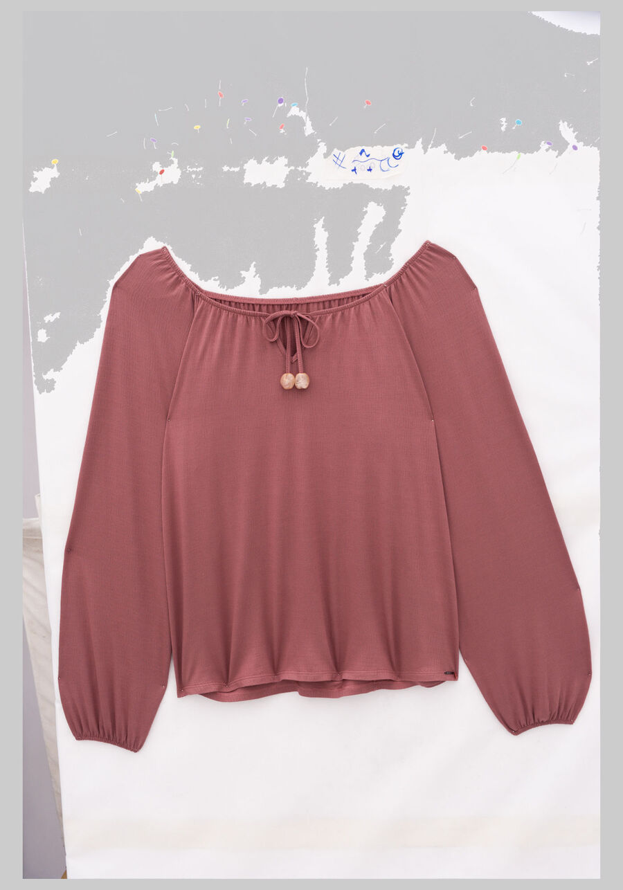 Blusa Manga Longa Bufante Plus Size com Amarração, BORDO BATAVO. Blusa Manga Longa Bufante Plus Size com Amarração, BORDO BATAVO, large.