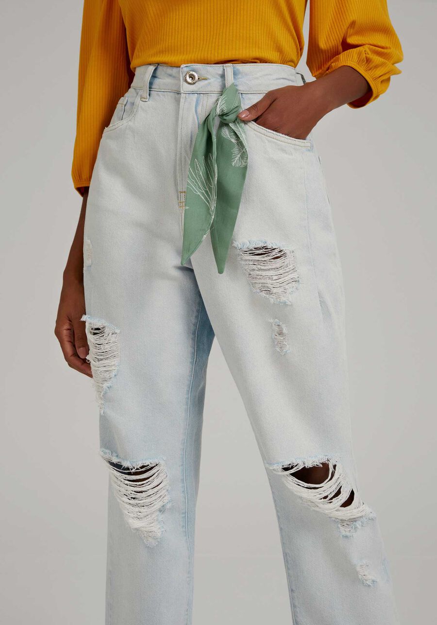 Calça Jeans Mommy Cropped com Rasgados e Lenço, . Calça Jeans Mommy Cropped com Rasgados e Lenço, , large.