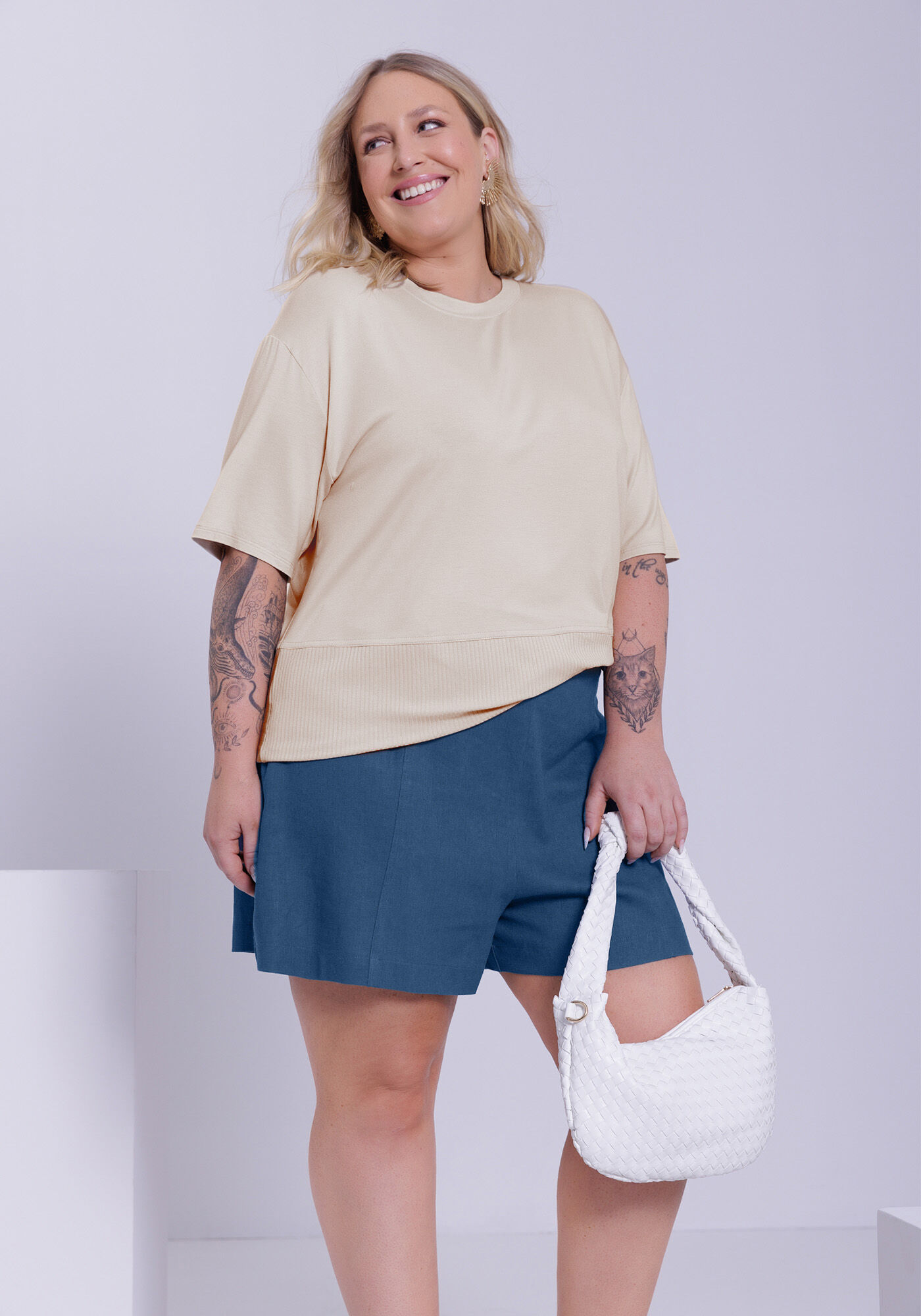 Blusa Manga Curta Plus Size com Recorte Canelado, , large.