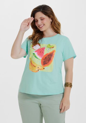 T-shirt Plus Size em Malha com Estampa Frutas, VERDE WINDSURF, large.