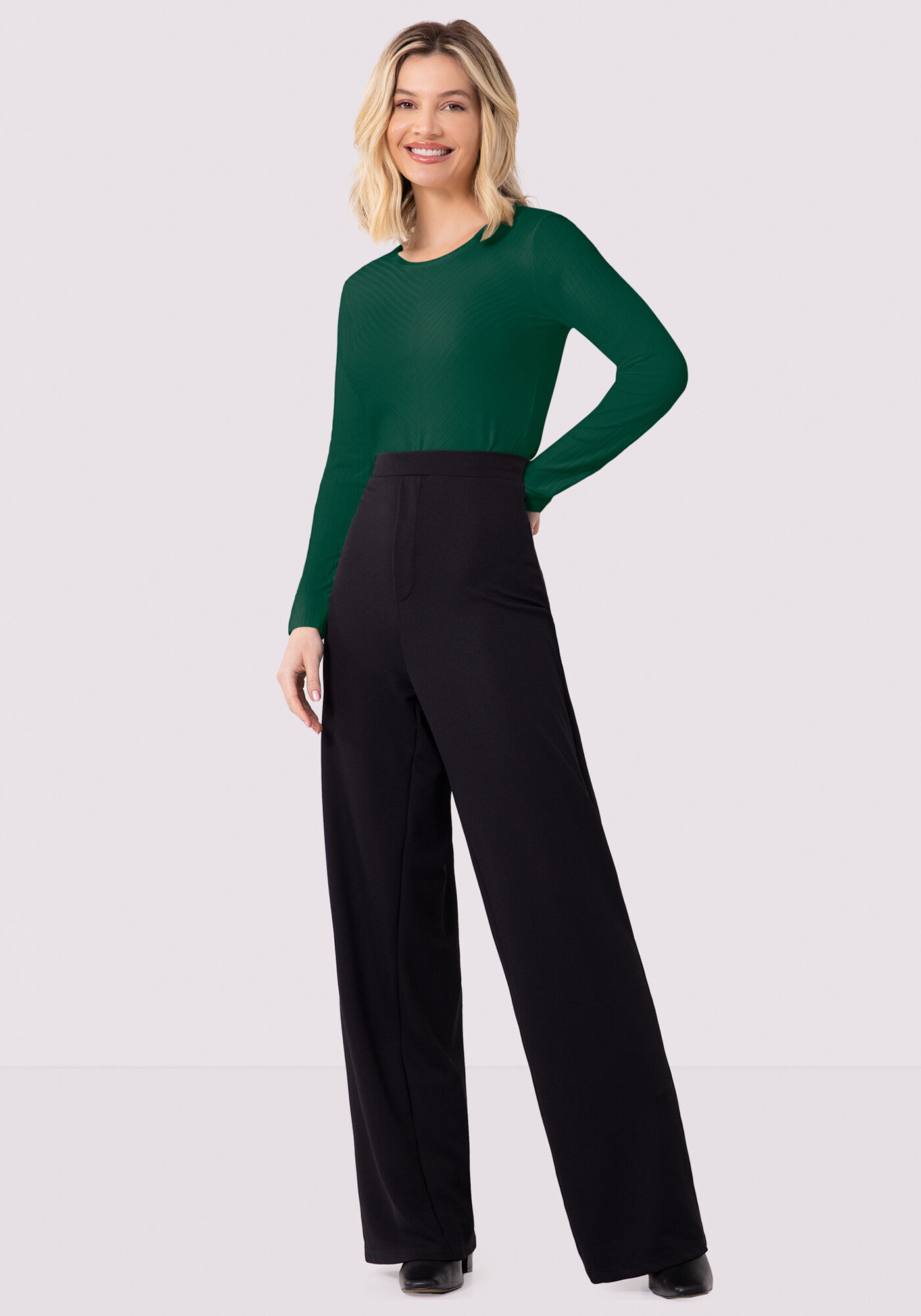 Blusa De Mangas Longas Com Gola Redonda Em Malha Canelada, , large.