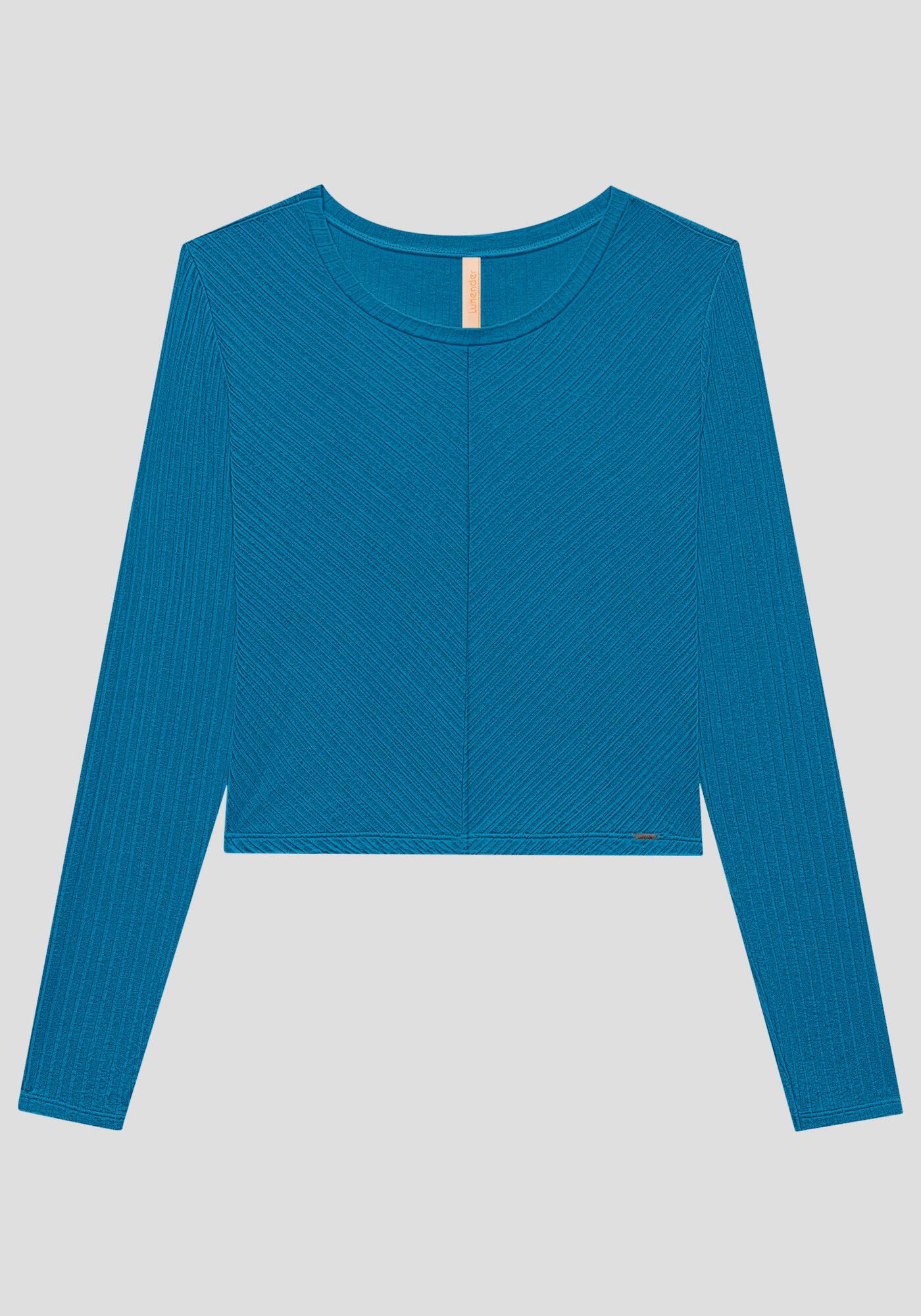 Blusa De Mangas Longas Com Gola Redonda Em Malha Canelada, , large.