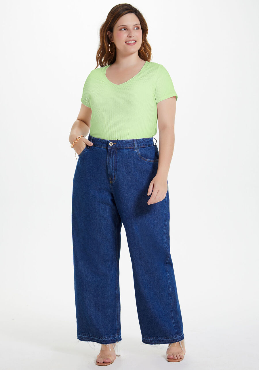Blusa Básica Em Malha Canelada Com Mangas Curtas E Decote V, VERDE NANTUKO. Blusa Básica Em Malha Canelada Com Mangas Curtas E Decote V, VERDE NANTUKO, large.