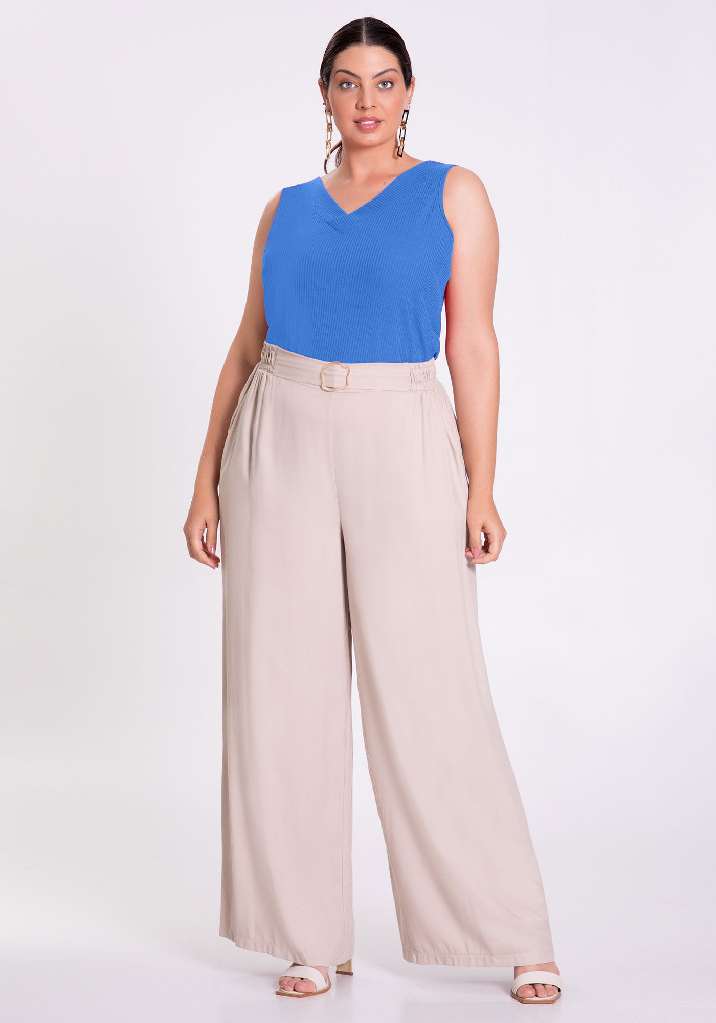 Blusa Regata Canelada Com Al&ccedil;as Largas E Decote Em V, AZUL CARBONO, large.