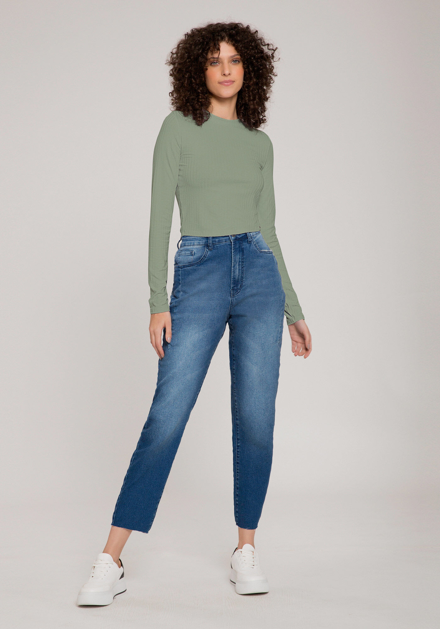 Blusa Manga Longa Canelada B&aacute;sica com Gola, , large.