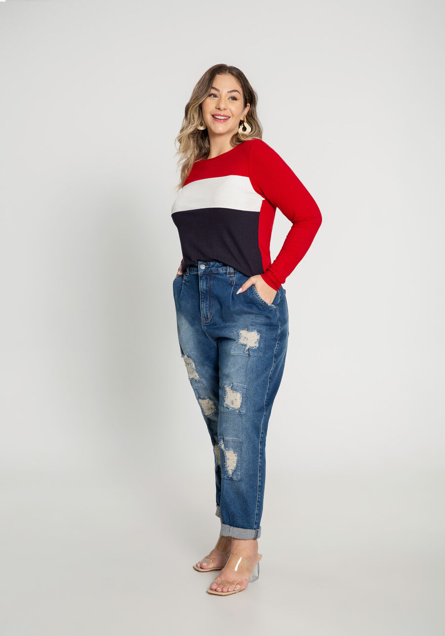 Blusa Manga Longa Canelada com Recortes Plus Size, VERMELHO SKETCH. Blusa Manga Longa Canelada com Recortes Plus Size, VERMELHO SKETCH, large.