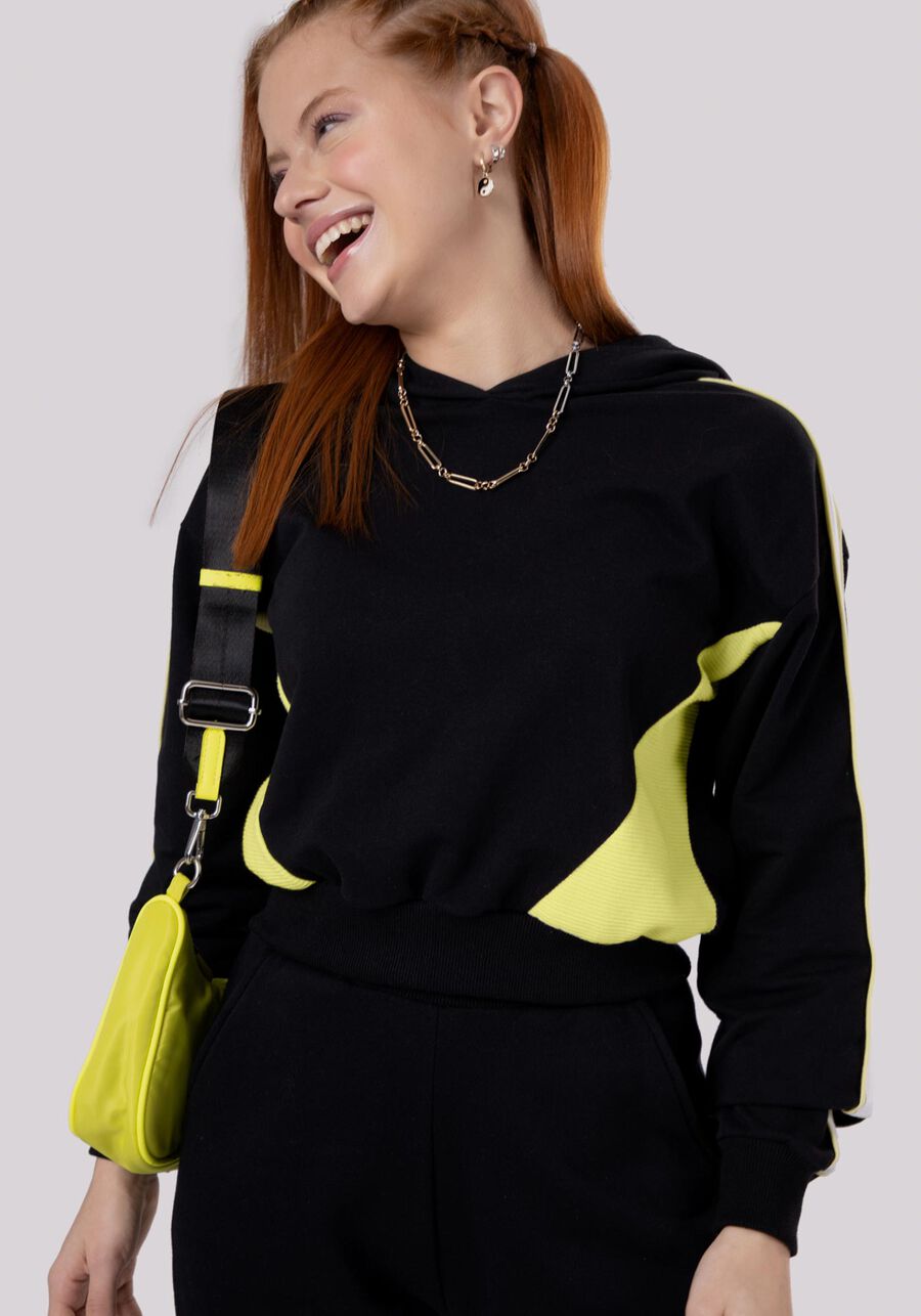 Blusão Juvenil com Capuz e Recortes, PRETO REATIVO. Blusão Juvenil com Capuz e Recortes, PRETO REATIVO, large.