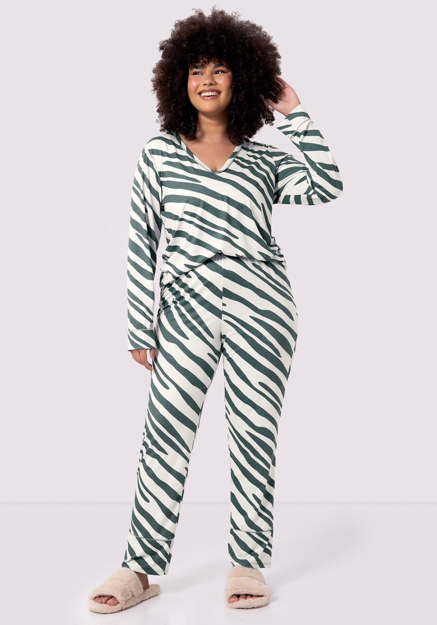 Pijama Longo Plus Size em Malha Aveludada, ZEBRA VERDE, large.