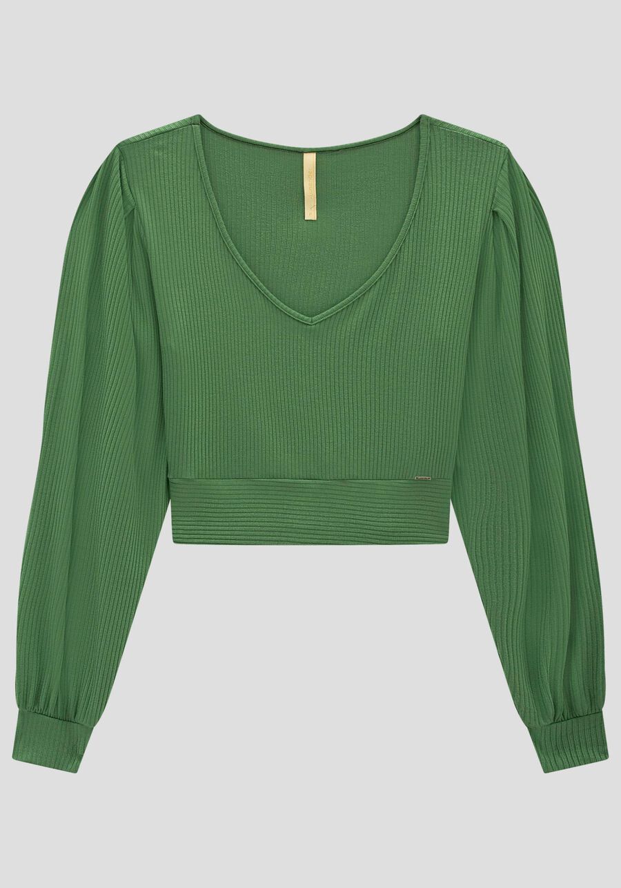 Blusa Cropped Canelada com Manga Bufante, VERDE NATIVE. Blusa Cropped Canelada com Manga Bufante, VERDE NATIVE, large.