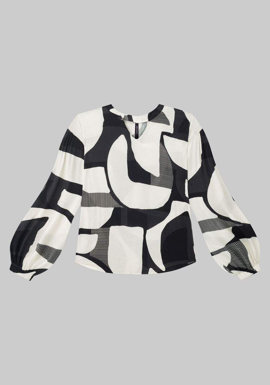 Blusa Manga Longa Bufante em Viscose Estampada, MOLDURA PRETO. Blusa Manga Longa Bufante em Viscose Estampada, MOLDURA PRETO, large.