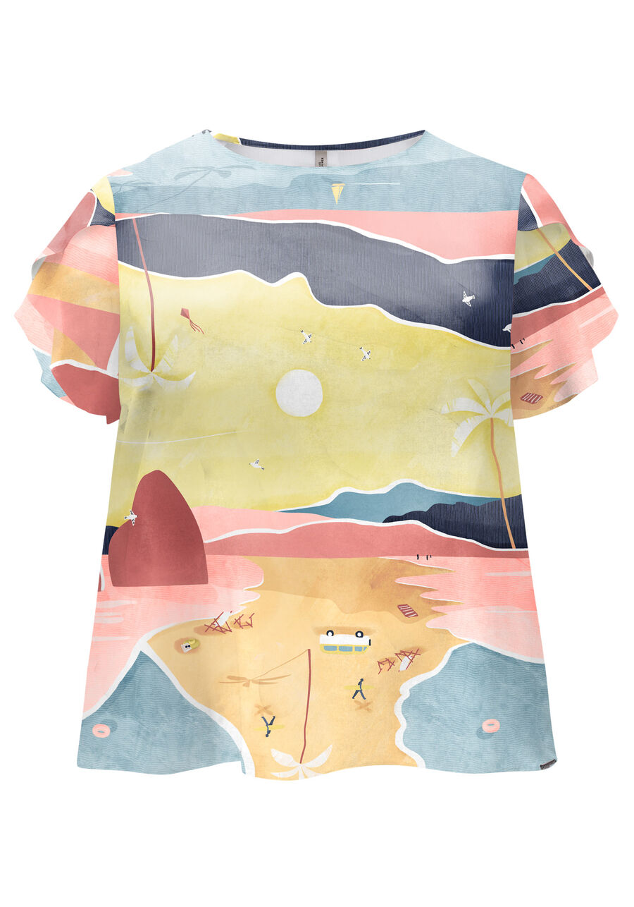 Blusa Fluida Estampada Manga Curta Em Viscose Responsável, . Blusa Fluida Estampada Manga Curta Em Viscose Responsável, , large.