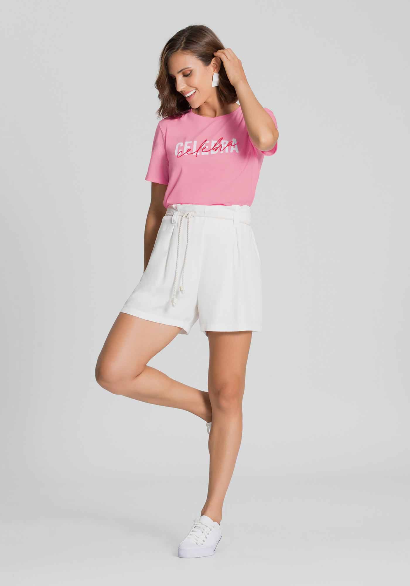 T-Shirt em Malha Estampa Celebra, ROSA FRESH NEON, large.