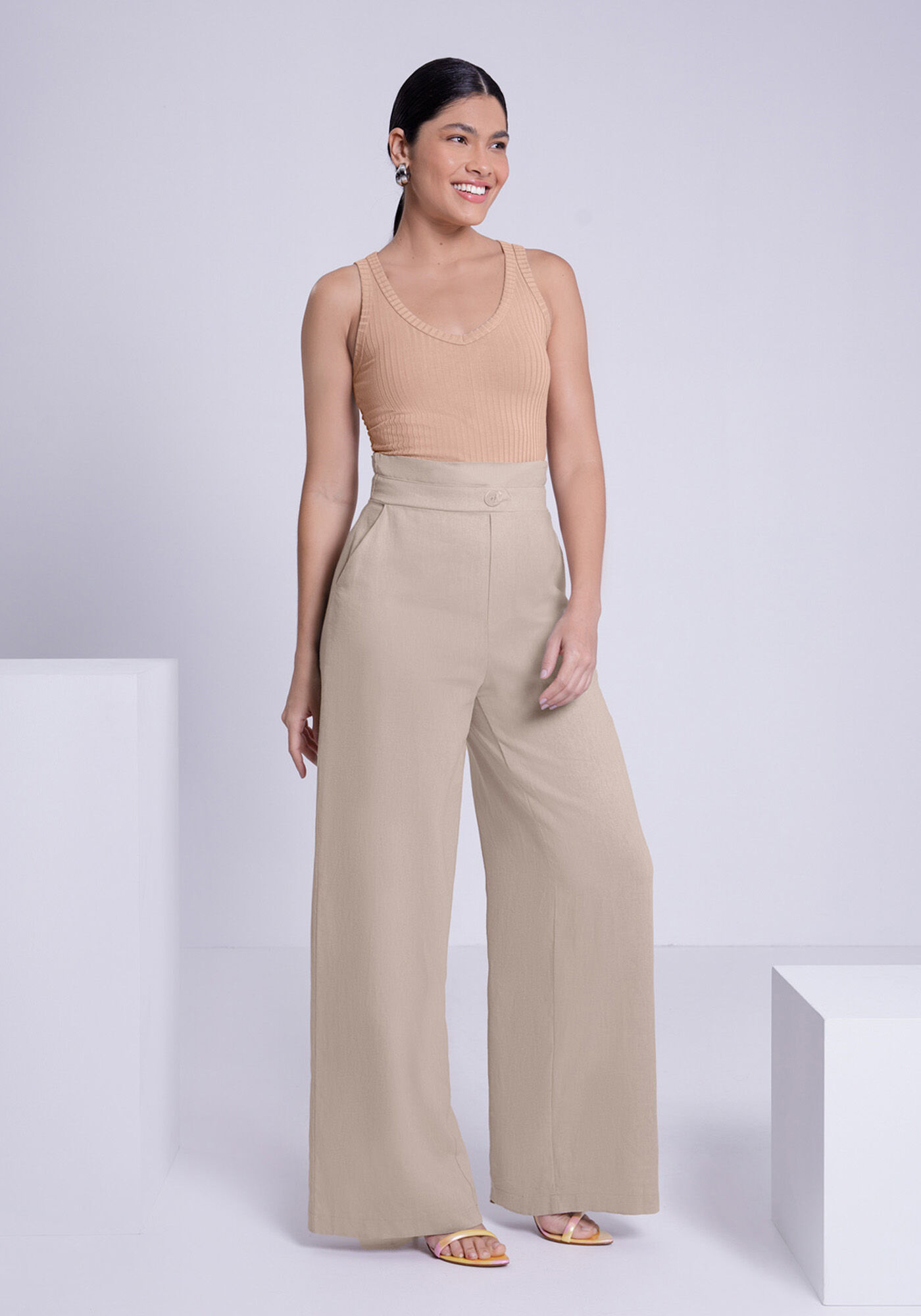 Blusa Regata De Al&ccedil;as Largas Em Malha De Viscose Canelada, BEGE WOOL, large.