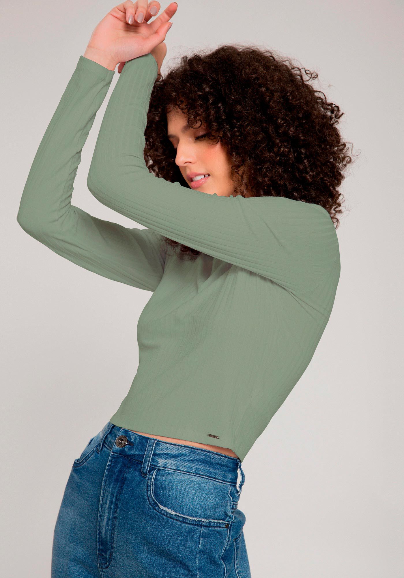 Blusa Manga Longa Canelada B&aacute;sica com Gola, , large.