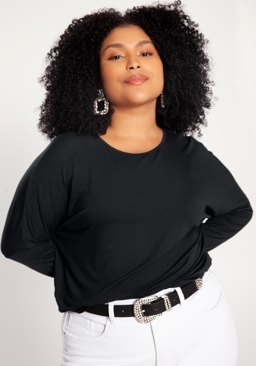 Blusa Plus Size em Viscose com Comprimento Mullet, PRETO REATIVO. Blusa Plus Size em Viscose com Comprimento Mullet, PRETO REATIVO, large.