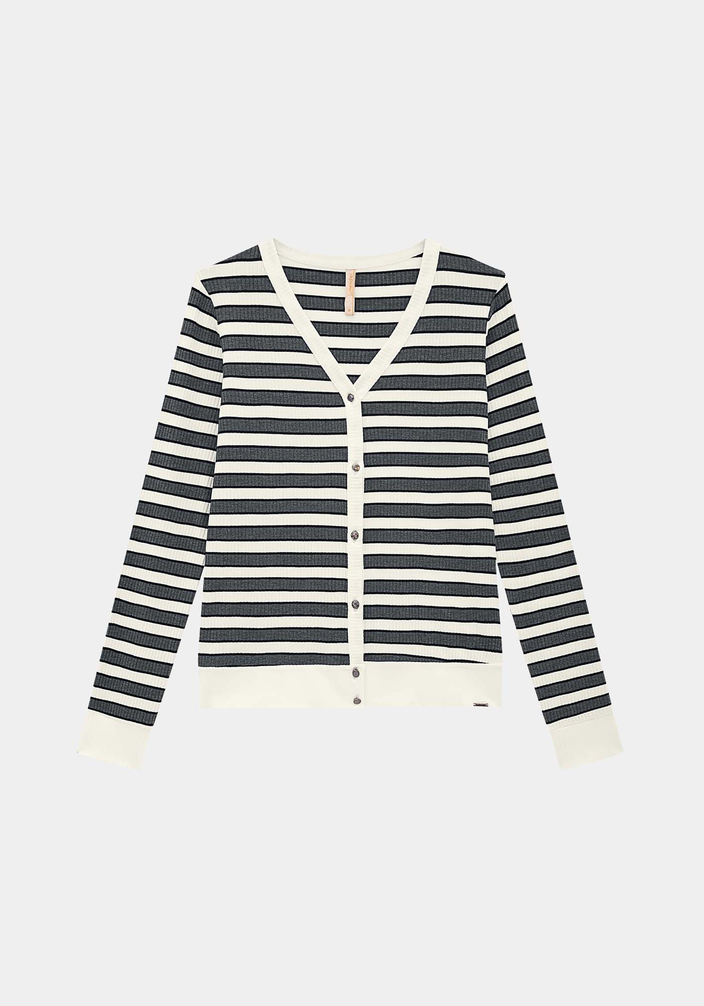 Cardigan Canelado Listrado com Decote V, , large.