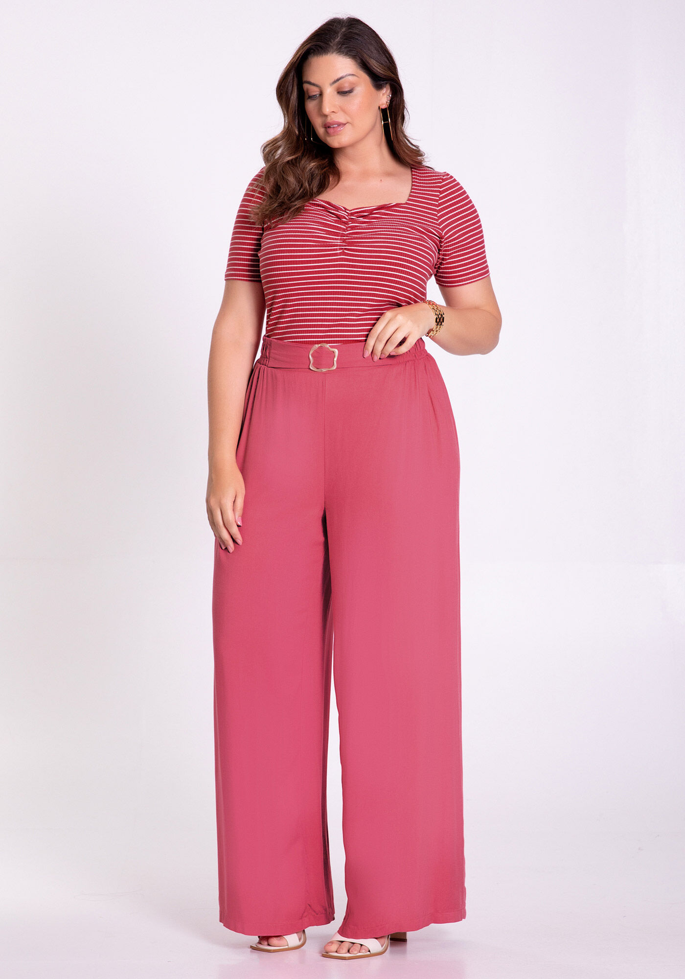Blusa Plus Size Listrada com Franzido Busto, ROSA MORENA, large.