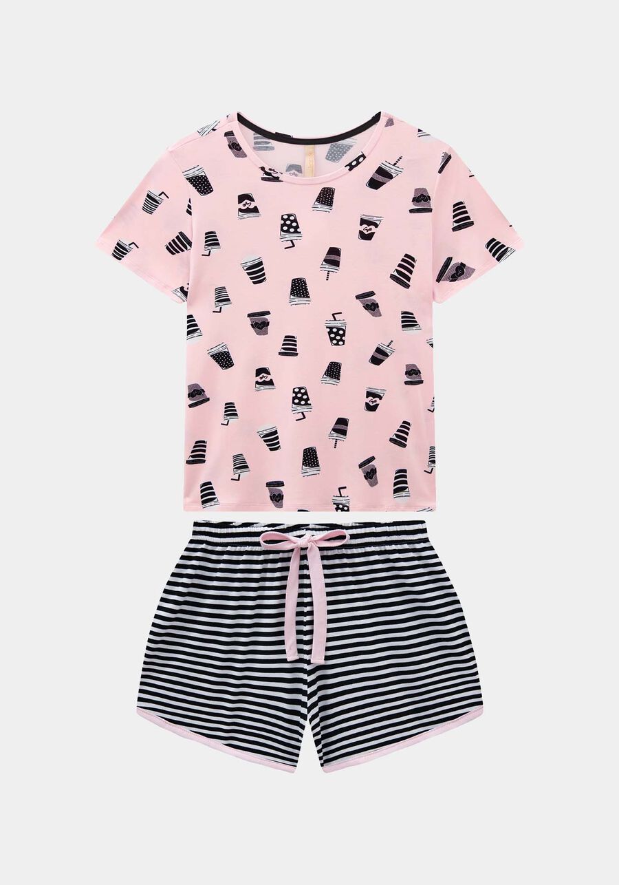 Pijama Estampado em Malha Viscose com Blusa e Shorts, MOMENTOS ROSA. Pijama Estampado em Malha Viscose com Blusa e Shorts, MOMENTOS ROSA, large.