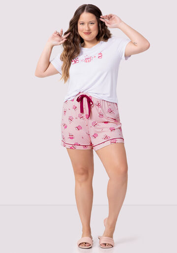 Pijama Curto Plus Size em Malha Viscose Estampado, PIPOCA ROSA, large.