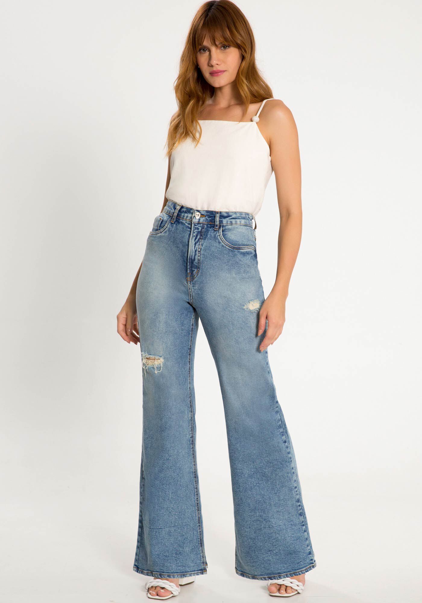 Cal&ccedil;a Jeans Wide Leg Chapa Barriga com Elastano, JEANS, large.