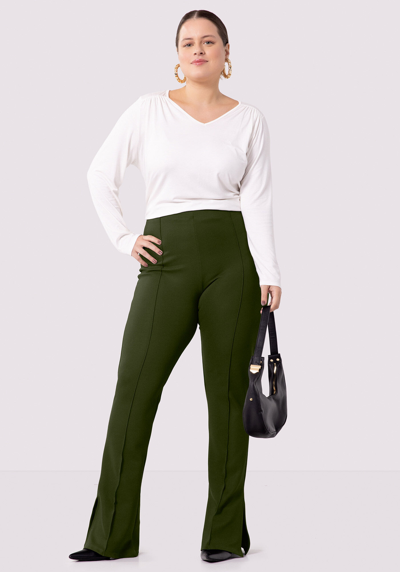 Cal&ccedil;a Flare Plus Size Alfaiataria com Fenda, VERDE MOSQUETA, large.