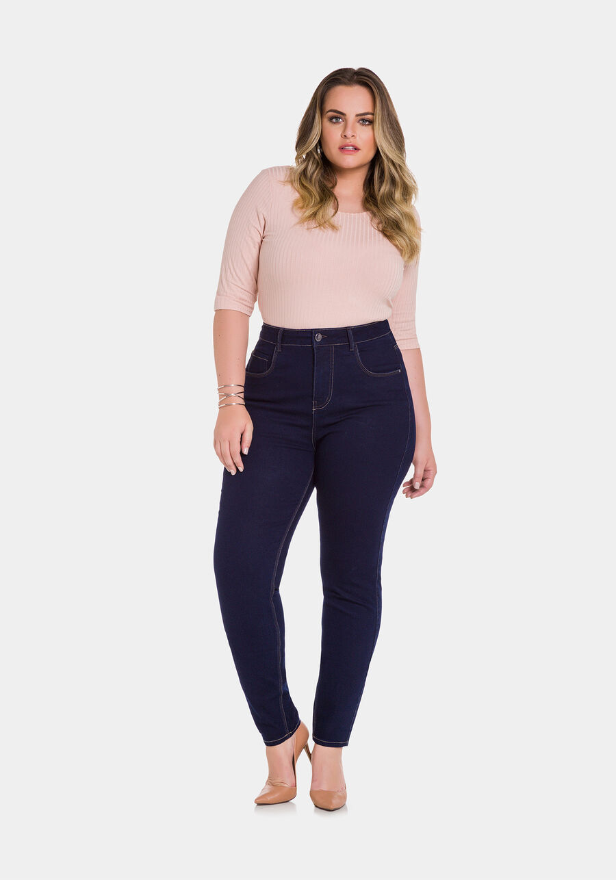 Calça Skinny com Elastano Chapa Barriga, JEANS ESCURO. Calça Skinny com Elastano Chapa Barriga, JEANS ESCURO, large.